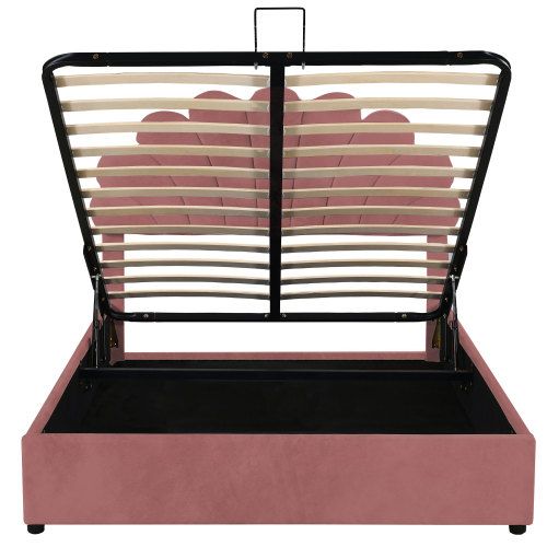 Lit Coffre 140x200 Cm, Lit Coffre Hydraulique, Tête De Lit Florale, En Velours, Rose