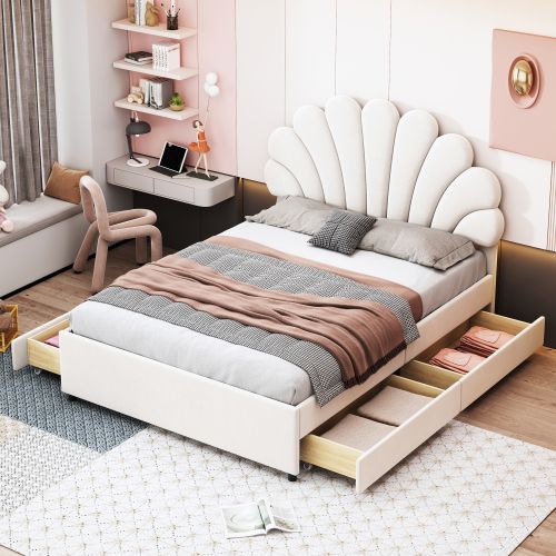 Lit Adulte 140x200 Cm, Lit Avec 4 Tiroirs Et Tête De Lit Fleurie, En Velours Beige