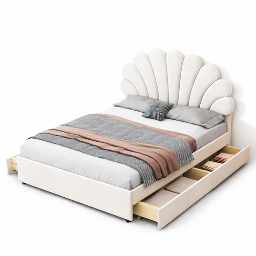 Lit Adulte 140x200 Cm, Lit Avec 4 Tiroirs Et Tête De Lit Fleurie, En Velours Beige