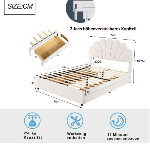 Lit Adulte 140x200 Cm, Lit Avec 4 Tiroirs Et Tête De Lit Fleurie, En Velours Beige