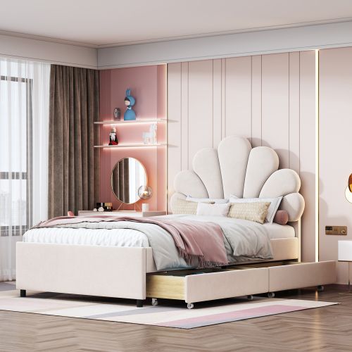 Lit Enfant 90x200 Cm, Avec 2 Tiroirs Et Tête De Lit Pétale, En Velours Beige