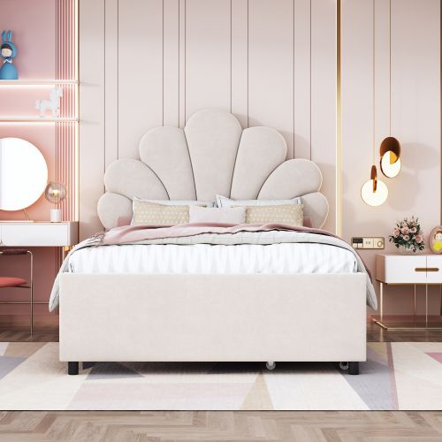 Lit Enfant 90x200 Cm, Avec 2 Tiroirs Et Tête De Lit Pétale, En Velours Beige