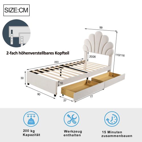 Lit Enfant 90x200 Cm, Avec 2 Tiroirs Et Tête De Lit Pétale, En Velours Beige