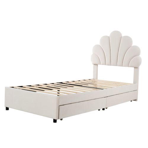 Lit Enfant 90x200 Cm, Avec 2 Tiroirs Et Tête De Lit Pétale, En Velours Beige