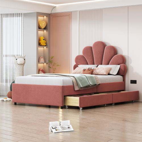 Lit Enfant 90x200 Cm, Avec Tête De Lit Pétale Et Sommier à Lattes, En Velours, Rose