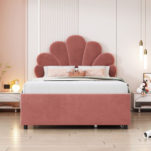 Lit Enfant 90x200 Cm, Avec Tête De Lit Pétale Et Sommier à Lattes, En Velours, Rose