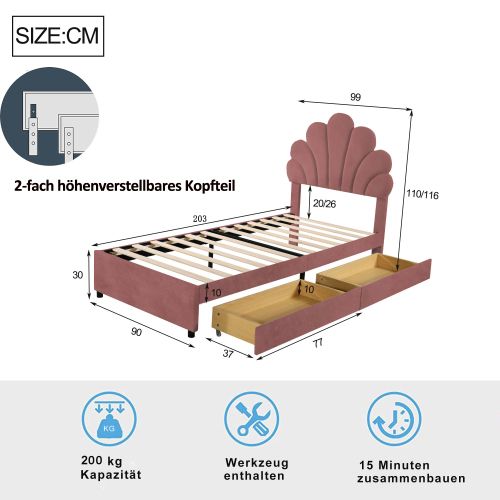 Lit Enfant 90x200 Cm, Avec Tête De Lit Pétale Et Sommier à Lattes, En Velours, Rose