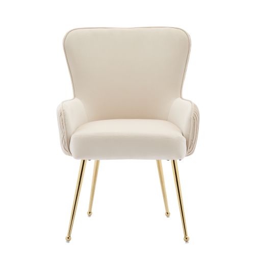 Lot De 2 Chaises De Salle à Manger, Velours, Dossier Plissé Vertical, Pieds Métal Doré, Beige