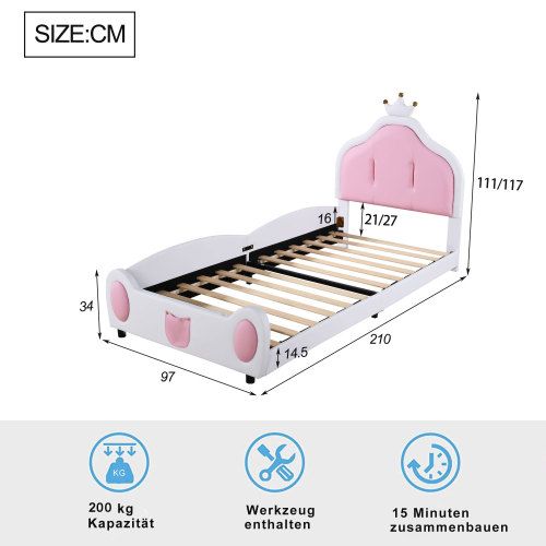 Lit Enfant 90x200 Cm, Avec Tête De Lit Couronnée, En Similicuir, Blanc Et Rose