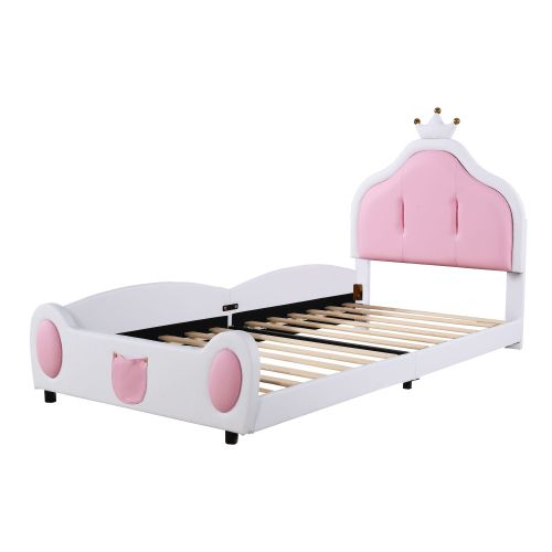 Lit Enfant 90x200 Cm, Avec Tête De Lit Couronnée, En Similicuir, Blanc Et Rose