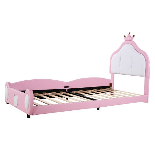 Lit Enfant 90x200 Cm, Avec Tête De Lit Couronnée Et Design Bicolore, En Similicuir, Rose