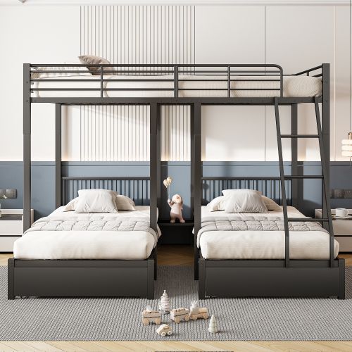 Lit Superposé 140x200 Cm Et 2x90x200 Cm, Avec 2 Tiroirs, En Métal, Noir