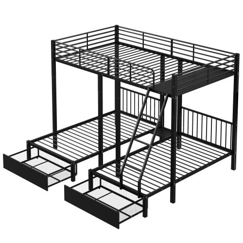 Lit Superposé 140x200 Cm Et 2x90x200 Cm, Avec 2 Tiroirs, En Métal, Noir