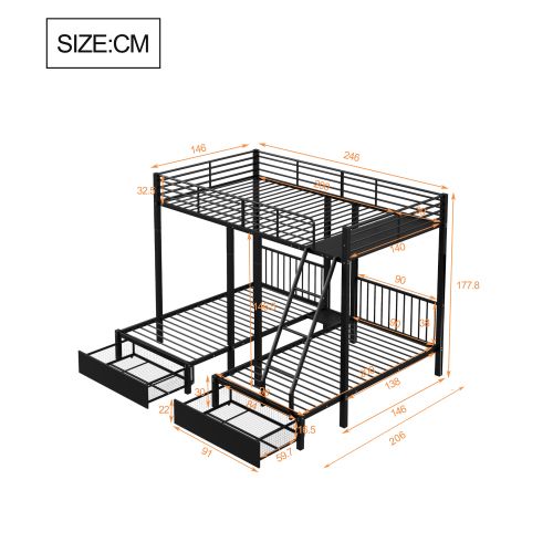 Lit Superposé 140x200 Cm Et 2x90x200 Cm, Avec 2 Tiroirs, En Métal, Noir