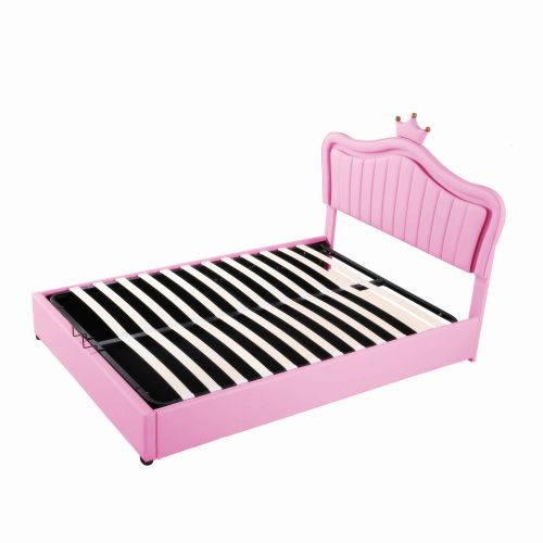 Lit Coffre Enfant 140x200 Cm, LED, Sommier à Lattes Et Tête De Lit, En Simili Cuir, Rose