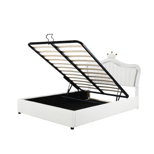 Lit Coffre Enfant 140x200 Cm, Tête De Lit Princesse Et LED, En Simili Cuir, Blanc