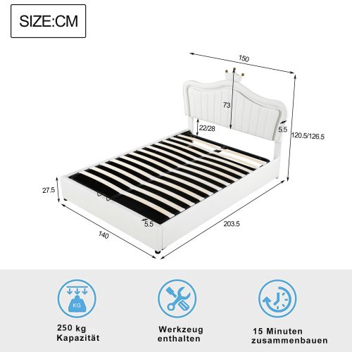 Lit Coffre Enfant 140x200 Cm, Tête De Lit Princesse Et LED, En Simili Cuir, Blanc