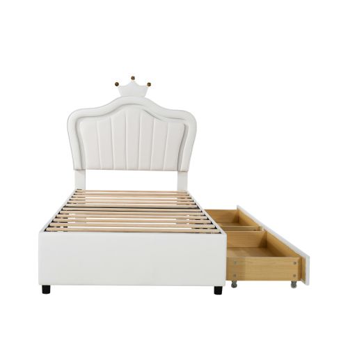 Lit Enfant 90x200 Cm, 2 Tiroirs Et LED, Avec Tête De Lit Coquille, En Simili Cuir, Blanc
