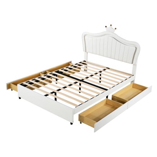 Lit Enfant 140x200 Cm, Avec Tête De Lit Et 4 Tiroirs, Avec Lattes, En Simili Cuir, Blanc