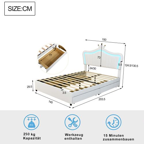 Lit Enfant 140x200 Cm, Avec Tête De Lit Et 4 Tiroirs, Avec Lattes, En Simili Cuir, Blanc