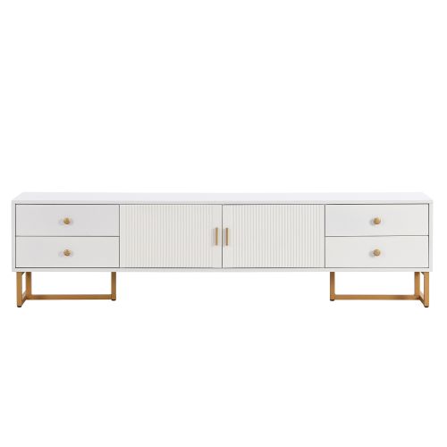Meuble TV 175 Cm Avec 4 Tiroirs, 2 Portes, Poignées Et Pieds Dorés, Blanc