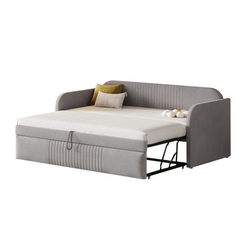 Lit Gigogne 90/180x190 Cm Avec Lattes, En Lin, Gris