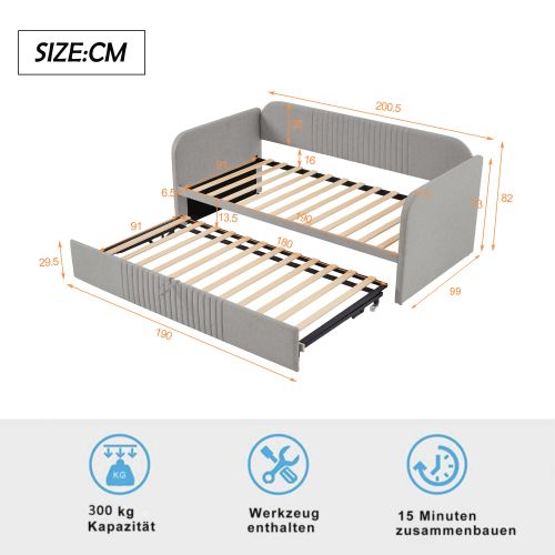 Lit Gigogne 90/180x190 Cm Avec Lattes, En Lin, Gris