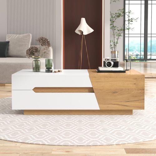 Table Basse Blanche Et Bois, Coulissante, Avec Tiroirs Et Rangement