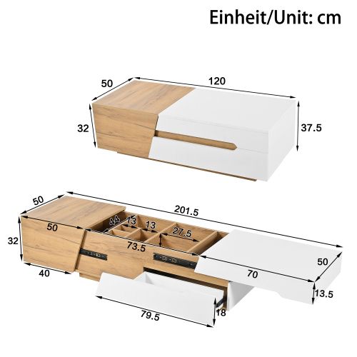 Table Basse Blanche Et Bois, Coulissante, Avec Tiroirs Et Rangement