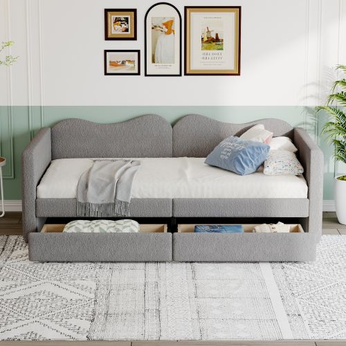 Lit Enfant 90x200 Cm Avec Lattes, Avec 2 Tiroirs Et Tête De Lit, En Tissu, Gris