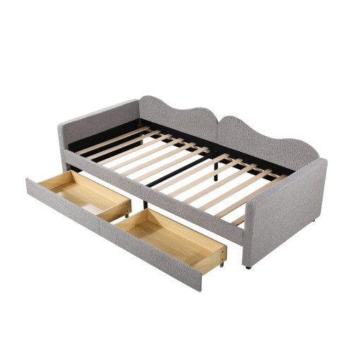 Lit Enfant 90x200 Cm Avec Lattes, Avec 2 Tiroirs Et Tête De Lit, En Tissu, Gris