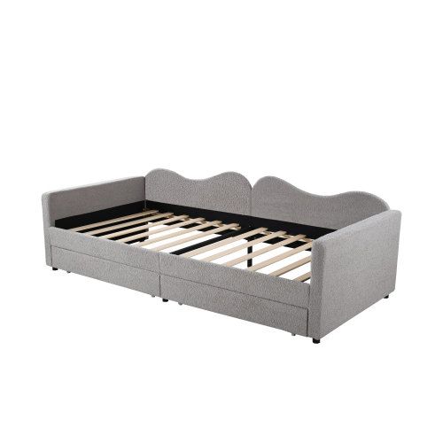 Lit Enfant 90x200 Cm Avec Lattes, Avec 2 Tiroirs Et Tête De Lit, En Tissu, Gris