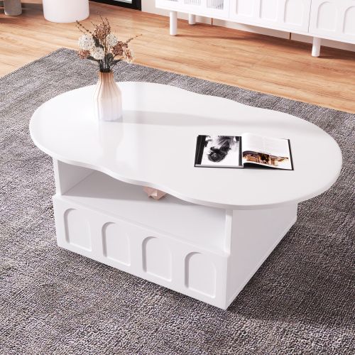 Table Basse Plateau Forme Nuage Blanche 100x60x40,5 Cm Avec Tiroir Push-to-open Et Rangement Ouvert