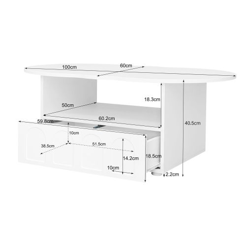 Table Basse Plateau Forme Nuage Blanche 100x60x40,5 Cm Avec Tiroir Push-to-open Et Rangement Ouvert