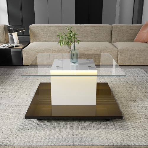 Table Basse En Verre Trempé Blanc Et Noir, Finition Haut Brillant, Bande LED Réglable Et Roulettes