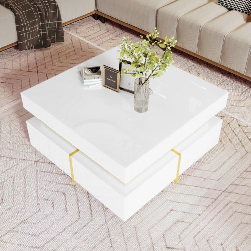 Table Basse Carrée Blanche 70x70x35,5 Cm, 2 Tiroirs Et Accents Dorés, Finition Haut Brillant