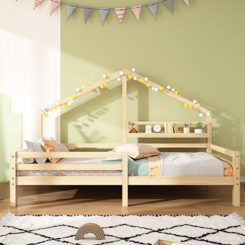 Lit Cabane 90x200 Cm, Lit Enfant Avec Tête De Lit De Rangement, En Bois, Naturel