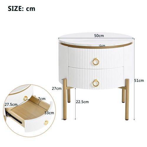 Table Basse Ronde Blanche, Table D'appoint Effet Marbre Avec 2 Tiroirs Et Pieds Réglables