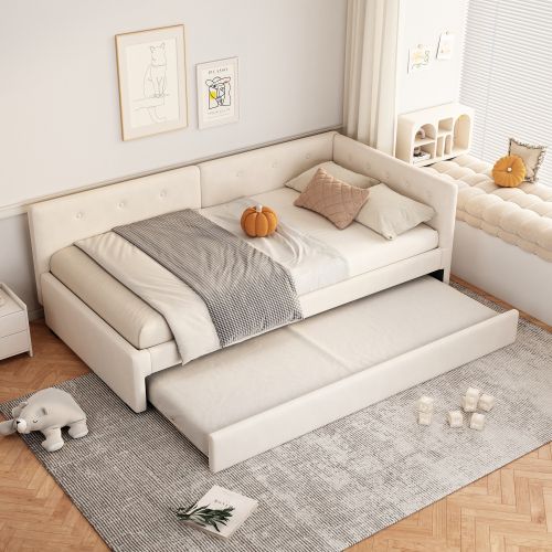 Lit Enfant 90x200 Avec Lit Gigogne 90x190 Cm, Tête De Lit Et Sommier à Lattes, En Velours, Beige