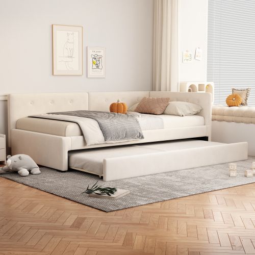 Lit Enfant 90x200 Avec Lit Gigogne 90x190 Cm, Tête De Lit Et Sommier à Lattes, En Velours, Beige