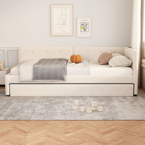 Lit Enfant 90x200 Avec Lit Gigogne 90x190 Cm, Tête De Lit Et Sommier à Lattes, En Velours, Beige