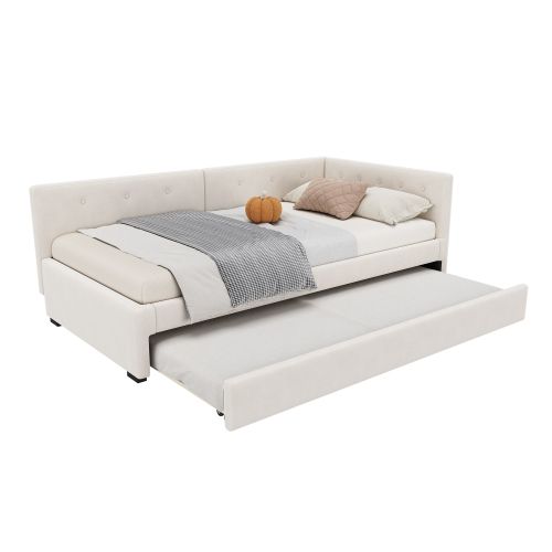 Lit Enfant 90x200 Avec Lit Gigogne 90x190 Cm, Tête De Lit Et Sommier à Lattes, En Velours, Beige