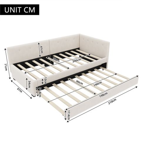 Lit Enfant 90x200 Avec Lit Gigogne 90x190 Cm, Tête De Lit Et Sommier à Lattes, En Velours, Beige