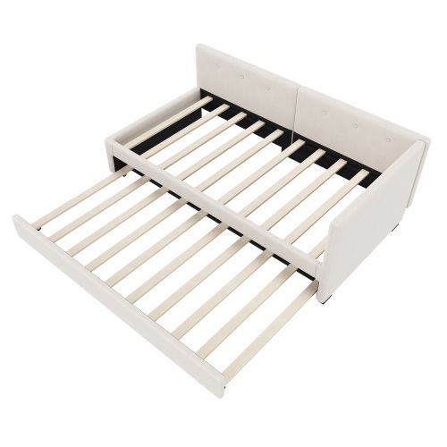 Lit Enfant 90x200 Avec Lit Gigogne 90x190 Cm, Tête De Lit Et Sommier à Lattes, En Velours, Beige