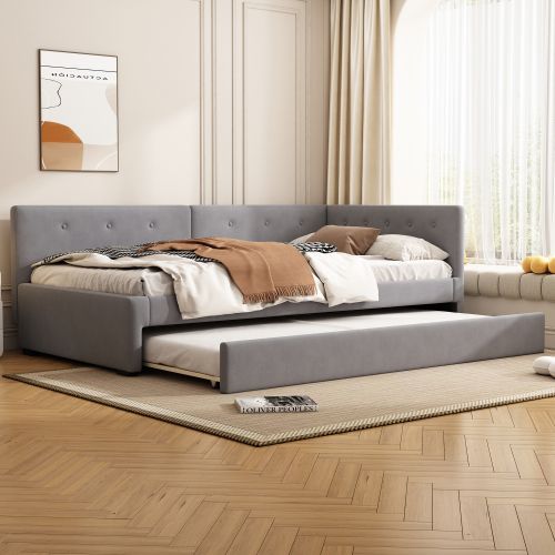 Lit Enfant 90x200 Avec Lit Gigogne 90x190 Cm, Tête De Lit Et Sommier à Lattes, En Velours, Gris