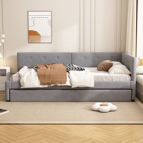 Lit Enfant 90x200 Avec Lit Gigogne 90x190 Cm, Tête De Lit Et Sommier à Lattes, En Velours, Gris