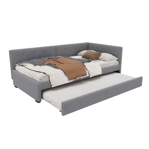 Lit Enfant 90x200 Avec Lit Gigogne 90x190 Cm, Tête De Lit Et Sommier à Lattes, En Velours, Gris