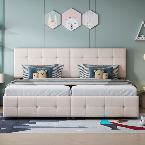 Lit Coffre 180x200 Cm Transformable En 2 Lits 90x200, Avec Sommier à Lattes, En Velours, Beige