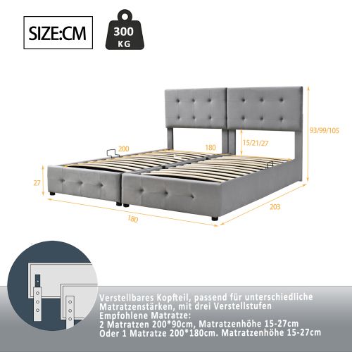 Lit Coffre 180x200 Cm Transformable En 2 Lits 90x200, Avec Sommier à Lattes, En Velours, Gris