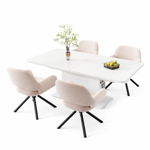 Ensemble Table Et Chaises, Table à Manger Avec Pieds Métal Et 4 Chaises En Velours Beige